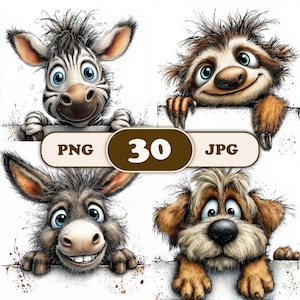 May include: Four cartoon animal illustrations: a zebra, a sloth, a donkey, and a dog. Each animal is holding a white sign. The zebra has black and white stripes, the sloth is brown, the donkey is grey, and the dog is tan. The image includes the text "PNG 30 JPG".