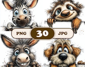 Funny Peeking Animals Clipart Bundle, Zoo PNG, Sublimation, Cricut, Nursery (Digital Download)