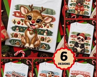 Christmas PNG Bundle, 6 Christmas Shirt Designs, Christmas Animals Clipart, Kids T-shirt PNG