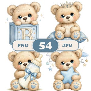 54 Watercolor Teddy Bear Baby Shower Clipart, Baby Boy Nursery Whimsical PNG (Digital Download)