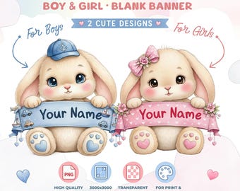 Custom Banny PNG, Personalized Baby Gift T-shirt Design, Watercolor Nursery Clipart, Boy & Girl Sublimation Clipart, Baby Shirt PNG