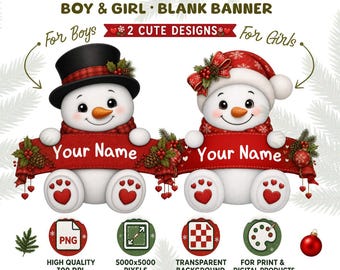 2 Christmas Snowman Clipart, Boy and Girl Blank Name Banner PNG, Sublimation & Designs