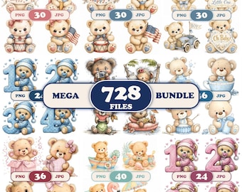 Teddy Bear Clipart Bundle Baby Shower PNG Sublimation Designs Watercolor Nursery Clip Art Commercial Use Baby Boy Birthday Party Printables