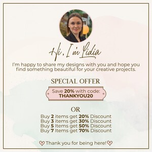 May include: Promotional graphic featuring a woman's photo, the text "Hi, I'm Lidia", and a special offer to save 20% with code THANKYOU20. Further discounts are available for multiple item purchases.