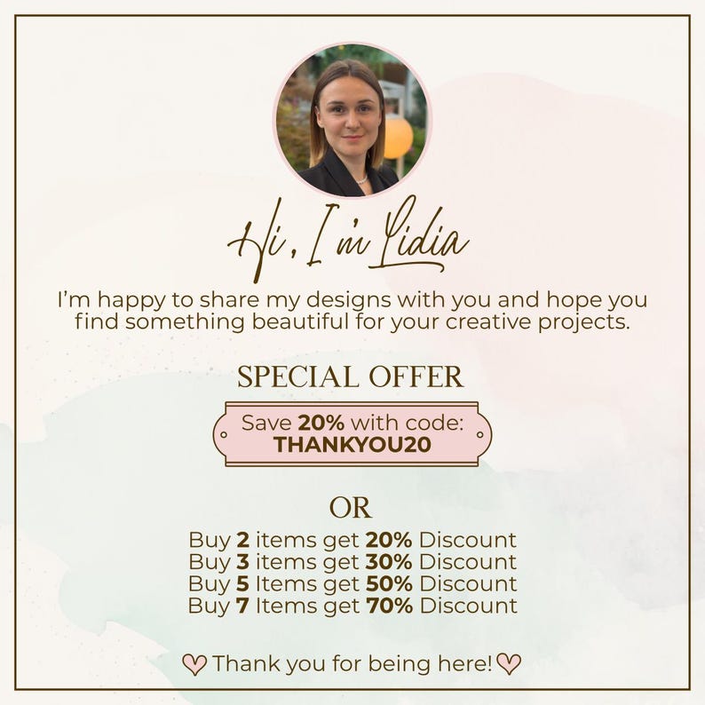 May include: Promotional graphic featuring a woman's photo, the text "Hi, I'm Lidia", and a special offer to save 20% with code THANKYOU20. Further discounts are available for multiple item purchases.