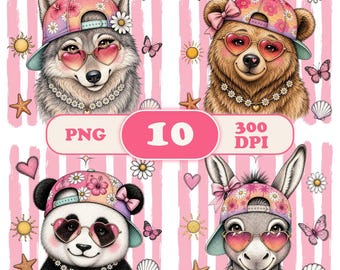 Girls Animals PNG Bundle, Summer Kids T-shirt Design, Sublimation Clipart, DTG Print, Girls Shirt