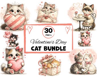 Watercolor Valentine Cat Clipart Bundle, Kittens, Stickers (30 PNGs)