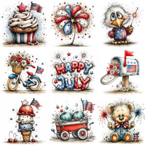 May include: A set of watercolour illustrations with patriotic themes. Depicted are a cupcake with a star and flag, a firework, an eagle with a sparkler, a bicycle with flowers, a "Happy 4th of July" sign, a mailbox, an ice cream cone, a wagon with watermelons, and a teddy bear.
