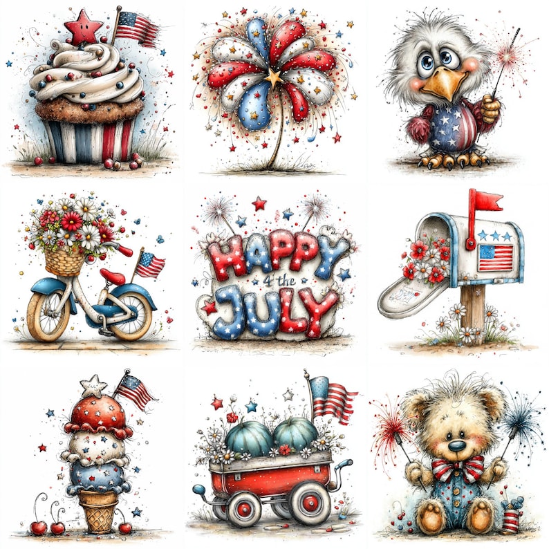 May include: A set of watercolour illustrations with patriotic themes. Depicted are a cupcake with a star and flag, a firework, an eagle with a sparkler, a bicycle with flowers, a "Happy 4th of July" sign, a mailbox, an ice cream cone, a wagon with watermelons, and a teddy bear.
