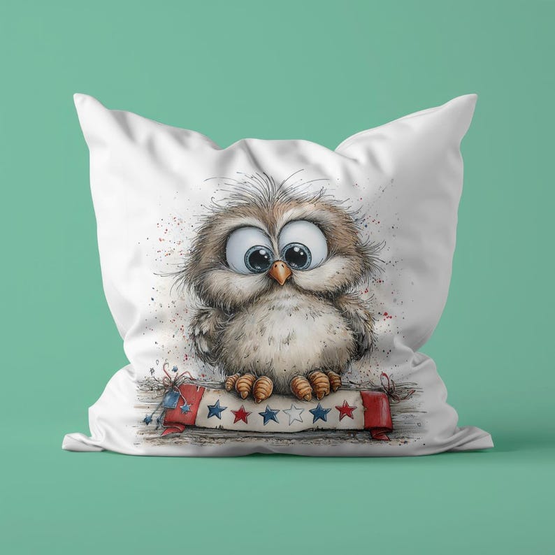 May include: White cushion featuring a cartoon owl illustration with large eyes. The owl sits on a banner with red, white, and blue stars and stripes. A decorative item for the home.