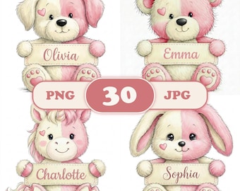 30 Watercolor Baby Animals Clipart PNG, Whimsical Girl Nursery Prints, Transparent Background, Digital Download