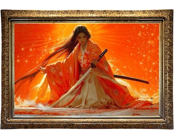 天照大御神の光を受け取るアート 一点物 縁起物 高級木製額装仕上げ 天照大御神のアートプリント：日本の太陽神、神道神話の絵画、天の神光