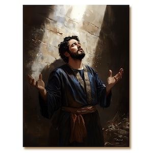 May include: A digital painting depicts a man in a blue robe with his arms outstretched, looking upwards. The artwork is set against a textured, stone wall with light streaming down from above, creating a dramatic effect.