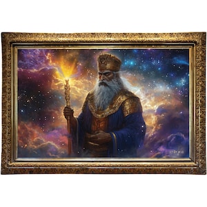 May include: A framed painting depicts a bearded figure in blue robes and a gold crown, holding a staff with a glowing top. The background features a nebula of purple, orange, and blue hues, with a gold ornate frame.