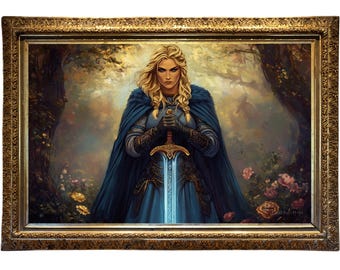 May include: A framed painting depicting a woman with blonde braids, wearing a blue cloak and holding a glowing sword. The artwork has a gold frame and is set in a forest with pink and yellow flowers.