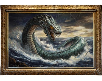 May include: A framed painting of a teal sea serpent rising from stormy ocean waves. The serpent has glowing yellow eyes and sharp teeth. The artwork is set against a dark, cloudy sky and is enclosed within an ornate gold frame.
