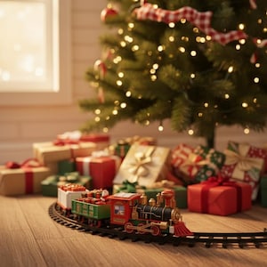 May include: A miniature toy train set with a red and green locomotive and cargo cars travels on a circular track. The train is set up on a wooden floor in front of a Christmas tree with wrapped gifts.