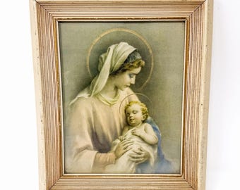 Vintage Bouguereau Niewinność Madonna Dzieciątko Druk Włochy Oprawione Sztuka Religijna