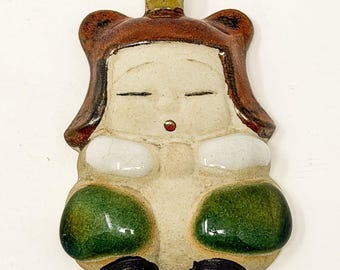 Vintage japansk folkkonst keramisk sovande barn väggbonad ornament MCM