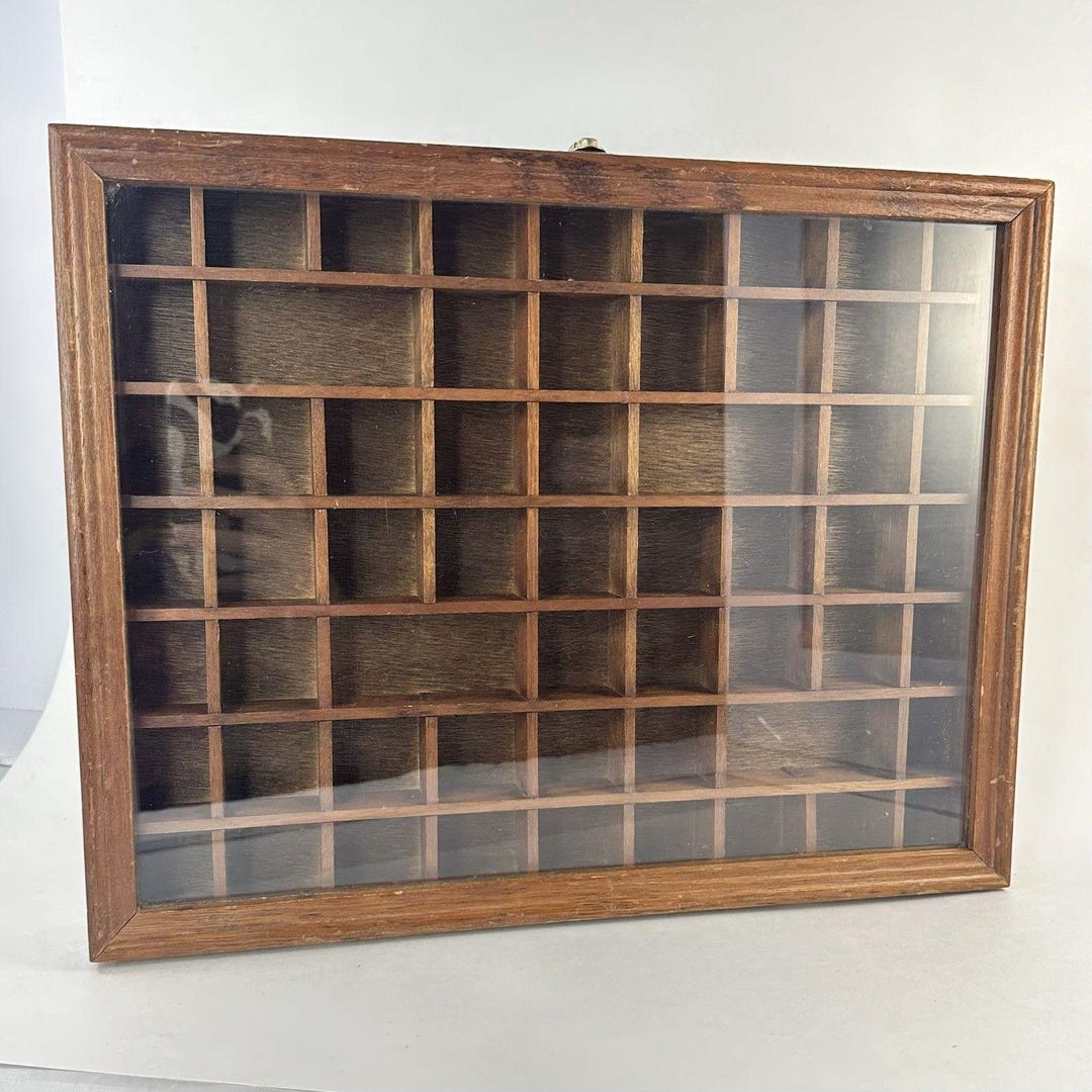 Vintage Wood Knick Knack Miniatures Display Shelf 59 Compartment Box ...