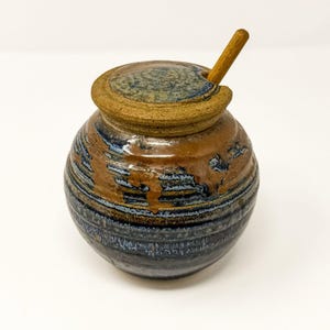 Signed Studio Art Pottery Stoneware Honey Pot Jar Lid Wood Dipper Handmade
