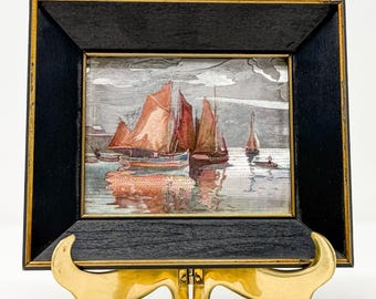 Vintage Foil Sailboat Print Framed Nautical Wall Art Mid Century Decor