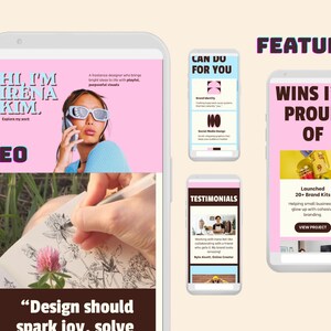 Puede incluir: Una pantalla de portafolio digital en dispositivos móviles con un esquema de color rosa y blanco. La interfaz incluye texto como HI, I'M IRENA KIM, FEATURES, WINS I'M PROUD OF y TESTIMONIALS, junto con elementos gráficos y una mano dibujando.