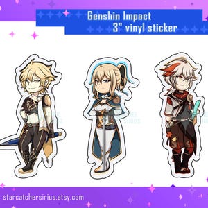 Puede incluir: Tres pegatinas de vinilo de 7,6 cm con personajes de estilo anime de Genshin Impact. Las pegatinas muestran tres personajes con atuendos detallados, cada uno con poses y accesorios únicos. El fondo es morado vibrante con estrellas.