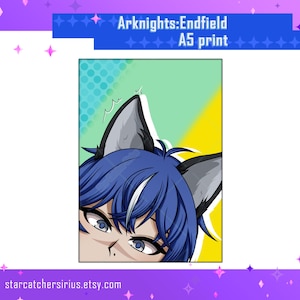 May include: A5 print featuring anime-style artwork. The image showcases a character with blue hair, gray ears, and blue eyes, set against a backdrop of yellow, green, and blue polka dots. The text "Arknights: Endfield" is displayed at the top.