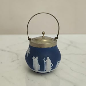 Rare Size Antique Wedgwood Cobalt Blue Jasperware Jam Pot / Tea Caddy ~ Etruria England c.1895 Complete with Original EPNS Lid & Bail Handle