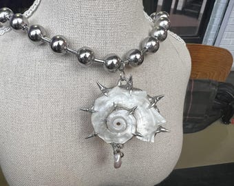 Spiky Seashell Necklace: [Series #2] Punk Necklace, Handmade Soldering Shell Pedant, Alternative Accessories, Dark Goth Style