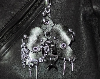 Pierced Orchid Keychain: Gothic Leather Orchid Bag Charm, Alternative Spiked Keyring for Handbag, Floral Handmade Accessory