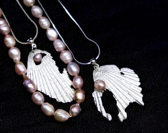 Silver Shell Necklace: Baroque Pearl Pendant, Beach Wedding Jewelry