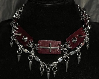 Chainmail Cross Choker: Stainless Steel Necklace, Goth Leather Jewellery, Alt Fashion