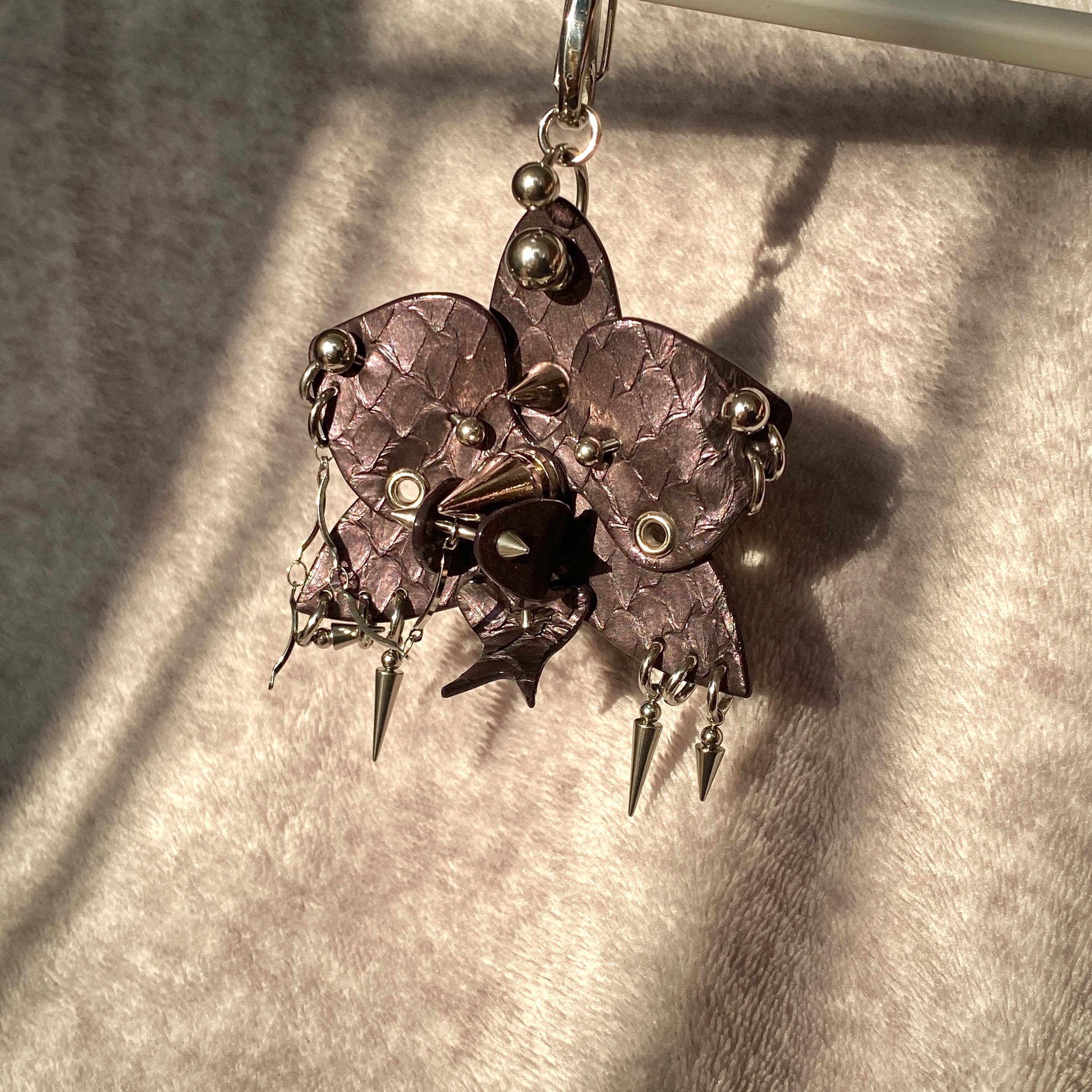 Pierced Orchid Keychain: Gothic Leather Orchid Bag Charm
