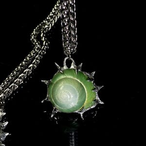 May include: A silver-toned necklace featuring a green and white spiral seashell pendant. The shell is encased in a spiky, silver-colored metal frame and hangs from a thick chain. The background is black, highlighting the jewelry.
