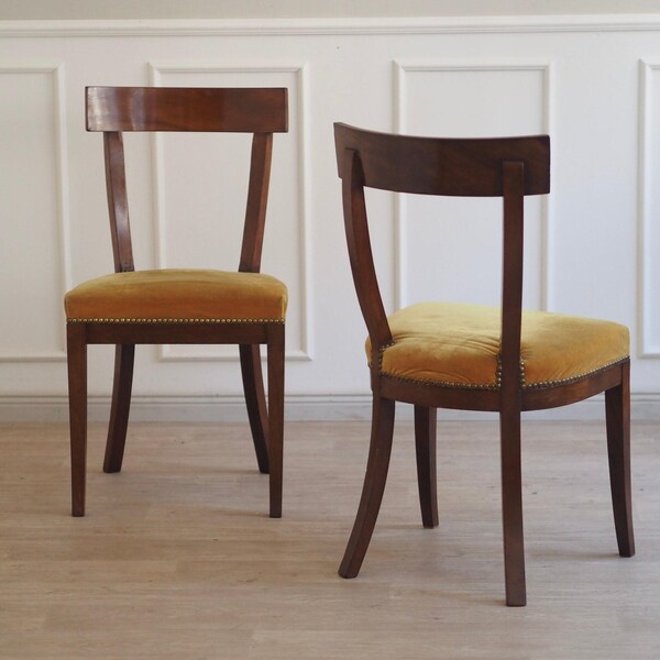 Vintage Walnut Dining Chairs – Mustard Velvet, Nailhead Trim (Set of 2)
