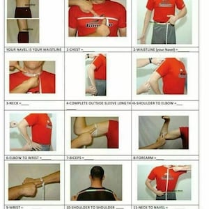 Peut inclure: Un collage d'images montrant comment mesurer diff&eacute;rentes parties du corps pour les v&ecirc;tements. Les images montrent les mesures de la poitrine, de la taille, du cou, de la longueur des manches, de l'&eacute;paule au coude, du coude au poignet, des biceps, de l'avant-bras, du poignet, de l'&eacute;paule &agrave; l'&eacute;paule et du cou au nombril.