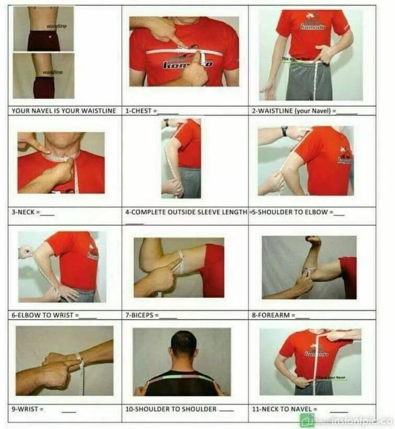 Peut inclure: Un collage d'images montrant comment mesurer diff&eacute;rentes parties du corps pour les v&ecirc;tements. Les images montrent les mesures de la poitrine, de la taille, du cou, de la longueur des manches, de l'&eacute;paule au coude, du coude au poignet, des biceps, de l'avant-bras, du poignet, de l'&eacute;paule &agrave; l'&eacute;paule et du cou au nombril.