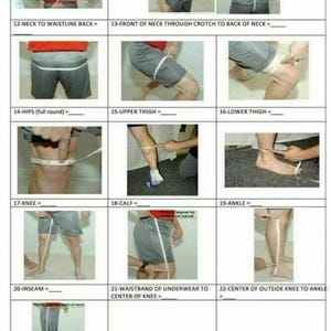 Peut inclure: Un diagramme illustrant les mesures du corps avec un m&egrave;tre ruban. L'image montre divers points de mesure, notamment le cou &agrave; la taille arri&egrave;re, les hanches, la cuisse, le genou, la cheville et l'entrejambe. Le diagramme est con&ccedil;u pour aider au dimensionnement des v&ecirc;tements.