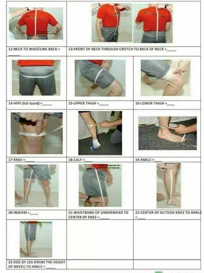 Peut inclure: Un diagramme illustrant les mesures du corps avec un m&egrave;tre ruban. L'image montre divers points de mesure, notamment le cou &agrave; la taille arri&egrave;re, les hanches, la cuisse, le genou, la cheville et l'entrejambe. Le diagramme est con&ccedil;u pour aider au dimensionnement des v&ecirc;tements.