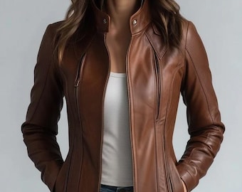 Women Stand Collar Brown Vintage Leather Jacket Geniune Leather Winter Coat