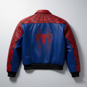 May include: Blue and red bomber jacket with a large red spider emblem on the back. The jacket features a black collar, cuffs, and hem. The sleeves have a red spiderweb design.