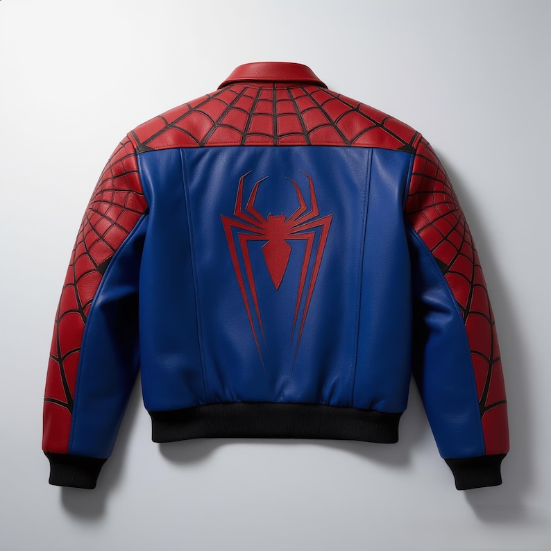 May include: Blue and red bomber jacket with a large red spider emblem on the back. The jacket features a black collar, cuffs, and hem. The sleeves have a red spiderweb design.