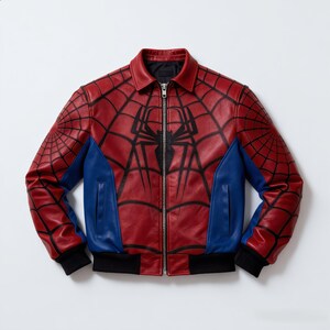 May include: Red and blue leather jacket with a black spiderweb design and a large spider emblem on the chest. The jacket has a zipper closure, black cuffs, and blue side panels. A stylish superhero-themed jacket.