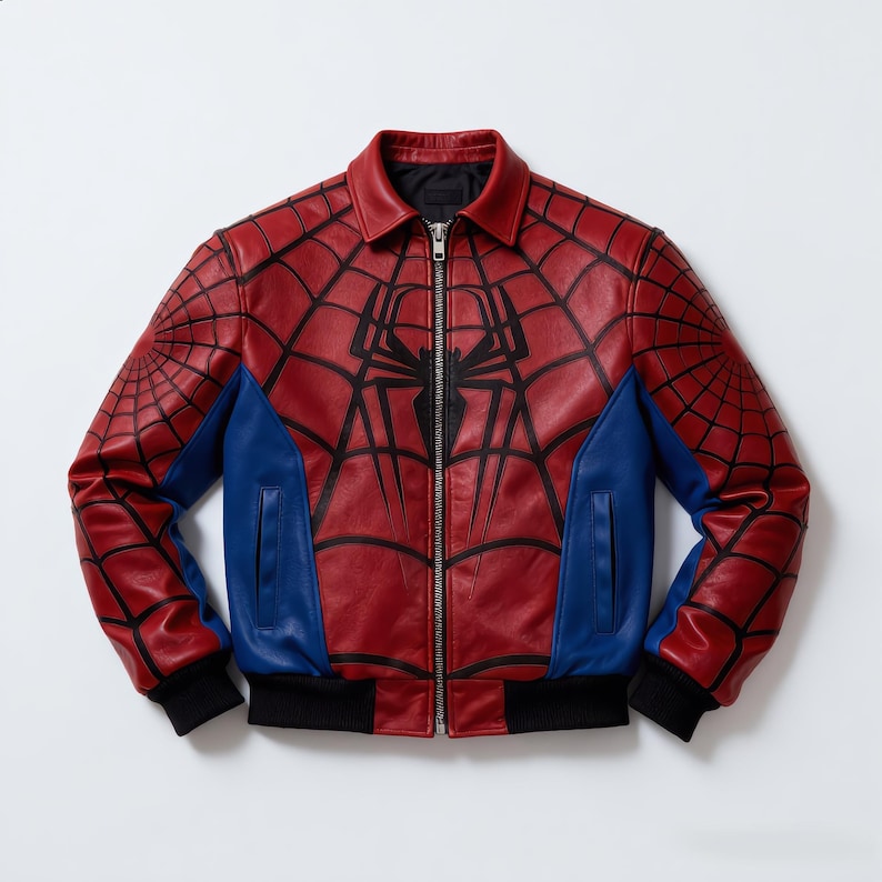 May include: Red and blue leather jacket with a black spiderweb design and a large spider emblem on the chest. The jacket has a zipper closure, black cuffs, and blue side panels. A stylish superhero-themed jacket.
