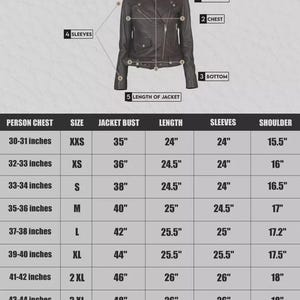 Op de afbeelding: Maattabel voor dames met afmetingen in inches. De tabel bevat borst-, lengte-, mouw- en schouderafmetingen voor maten XXS tot 5XL. Een zwarte leren jas is afgebeeld.