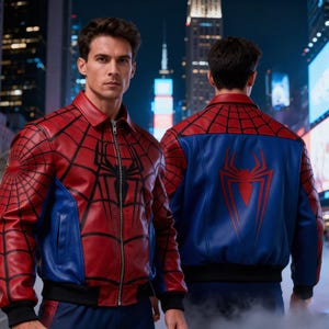 May include: Red and blue leather jacket with a black spiderweb design and a large spider emblem on the front and back. The jacket has a zipper closure and a black collar and cuffs. The jacket is inspired by the Spider-Man character.