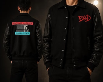 Michael Jackson BAD World Tour Varsity Jacket – Retro 80s Letterman Jacket – Black Wool & Leather Bomber Coat