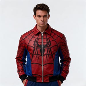 May include: A red and black leather jacket with a spiderweb design and a spider emblem on the chest. The jacket has a zipper closure, blue side panels, and a black collar and cuffs.